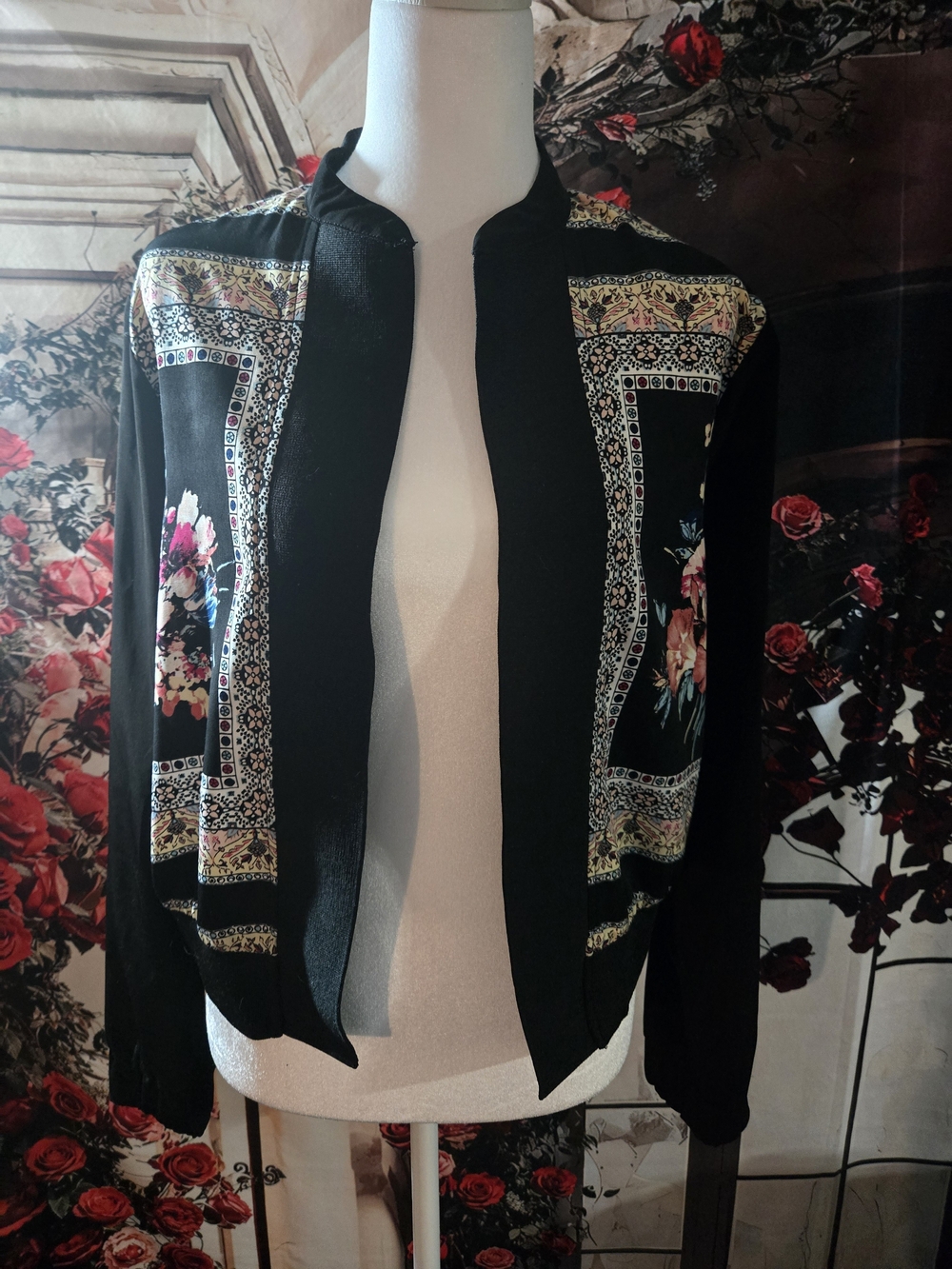 Iz Byer Black Bomber Jacket with Floral Panel Accents